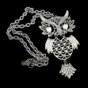 Vintage Owl Pendant with Long Silvertone Chain